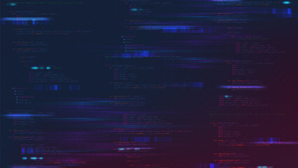 Wall Mural - Programming source code banner. Programming source code concept. Bright vector illustration with web programming source code and glitch effect.