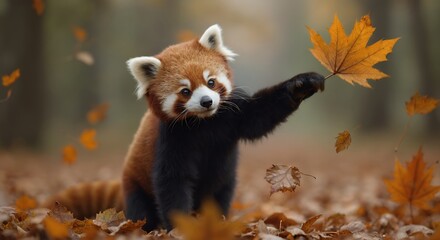 cute animal wallpaper collection, autumn acrobat, red panda reaches for falling leaf, capturing play