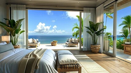 Wall Mural - tranquil bedroom with breathtaking ocean views, inviting relaxation and luxury.