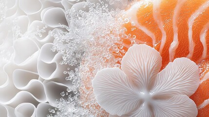   White flower on gray background with orange and bubbles