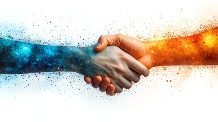Poster - Two hands shake, symbolizing unity amidst a vibrant cosmic background of blue and orange particles.