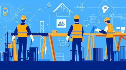 Wall Mural - flat vector illustration blue colours showing workers wearing ppe adhering to health and safety guidance with barriers and safety equipment