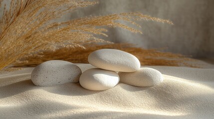 rocks are stacked on top of each other in front of a pile of dry grass. The scene has a calm and peaceful mood, as the rocks and grass seem to be in harmony with each other. Generative AI