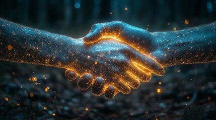 Poster - Glowing hands meet in a handshake, surrounded by a shimmering forest ambiance that conveys connection and harmony.