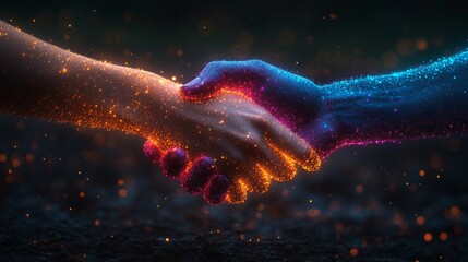 Poster - Vibrant hands grasping each other, radiating colorful sparks in a dark setting, representing harmony and collaboration.