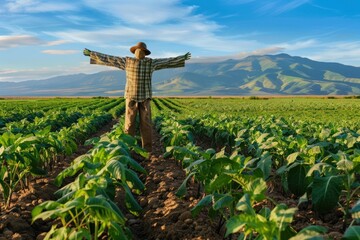 A scarecrow stands in a field of crops with mountains in the background.