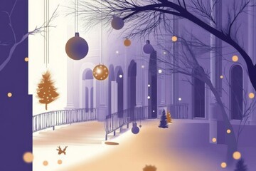 A festive evening in a snow-covered courtyard with twinkling lights.