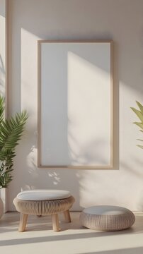 Minimalist and modern 3D rendered mockup of a white background frame inside a calming and serene home interior setting with soft natural lighting and a neutral color palette.