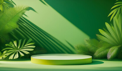 Leinwandbilder - Podium green for product showcase for environment tropical summer and platform lighting shadow presentation background.Generative AI