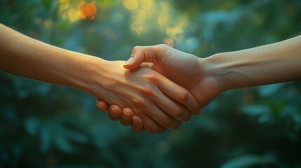 Poster - A handshake takes place in a serene forest, embodying connection and trust amidst nature's tranquility.