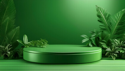 Leinwandbilder - Podium green for product showcase for environment tropical summer and platform lighting shadow presentation background.Generative AI
