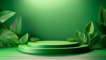 Leinwandbilder - Podium green for product showcase for environment tropical summer and platform lighting shadow presentation background.Generative AI