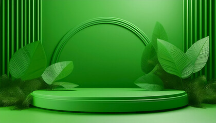 Leinwandbilder - Podium green for product showcase for environment tropical summer and platform lighting shadow presentation background.Generative AI