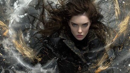 Canvas Print - A woman with long hair and blue eyes is surrounded by swirling gold and white magic. She is dressed in a black coat and seems to be looking directly at the viewer.