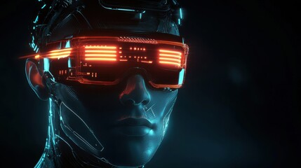Poster - futuristic illustration of an ai humanoid with glowing red visor in a dark, cyberpunk setting captur