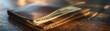 © Tee - Close-up of a leather wallet with dollar bills on a wooden table. The image captures the essence of finance and personal belongings in everyday life.
