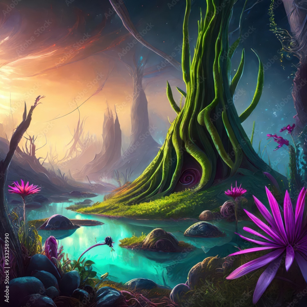 Ethereal Alien Landscape with Bioluminescent Flora and Fauna Stock ...