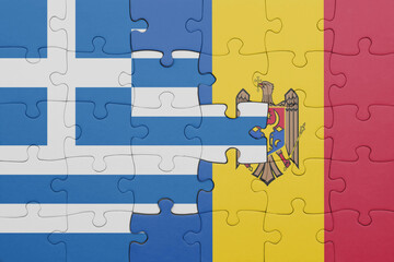 puzzle with the colourful national flag of moldova and flag of greece.