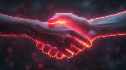 Poster - A vibrant handshake between two hands emits a glow, representing connection, agreement, and shared purpose in a dim environment.