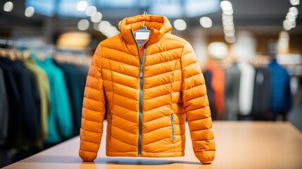 Vibrant orange down jacket close up in retail store for stylish winter fashion seekers