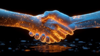 Poster - Two hands meet in a vibrant handshake, illuminated with sparkling effects, representing unity and partnership in a modern setting.