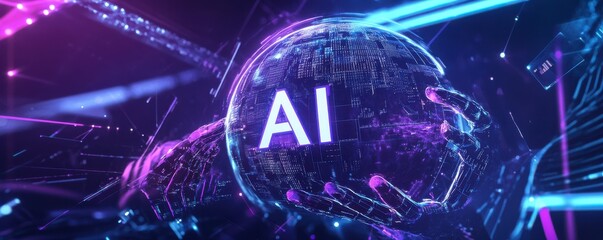 Poster - Futuristic AI logo glowing in a digital landscape with robotic hands holding a luminous sphere