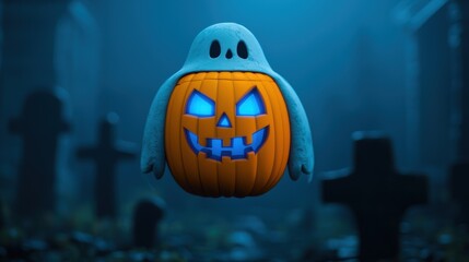 Spooky Cartoon Pumpkin Ghost Floating Above Graveyard on Halloween Night with Ethereal Blue Light and Mist