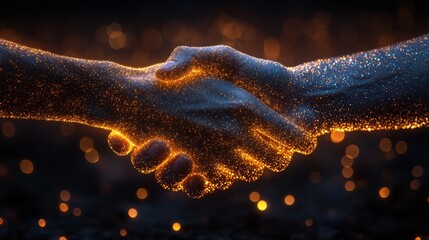 Poster - Hands clasp together, glowing with sparkling particles, emphasizing unity and collaboration in a mystical atmosphere.