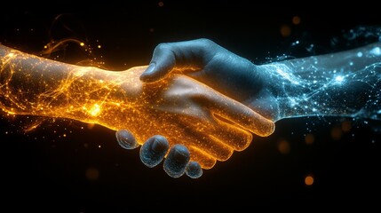 Poster - Two hands in a handshake, interconnected with vibrant energy particles, symbolizing unity and collaboration.