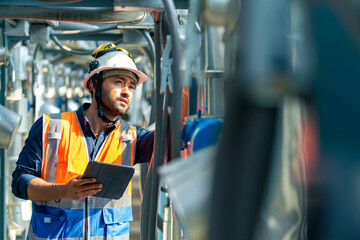 Professional Asian man engineer in safety uniform working on digital tablet at outdoor construction site rooftop. Industrial technician worker maintenance checking building exterior air HVAC systems.