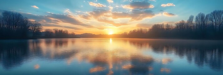 Canvas Print - Golden Sunset Reflected in Calm Lake Water - Photo