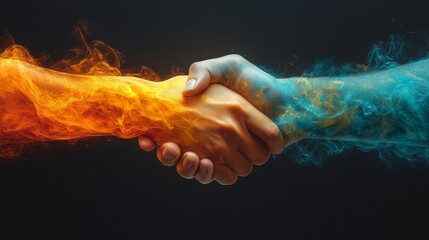 Poster - Two hands engage in a handshake, one surrounded by orange flames and the other by blue smoke, symbolizing partnership and harmony.