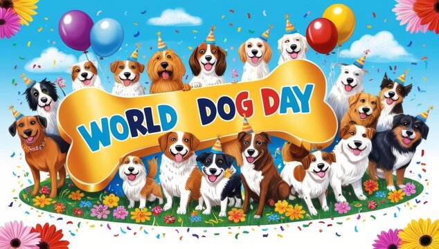 A vibrant and joyful illustration celebrating World Dog day