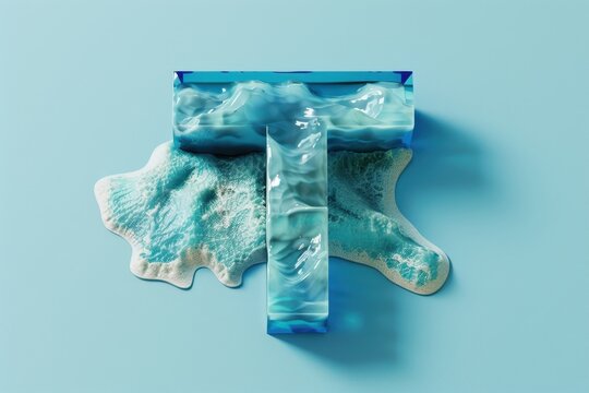 The image is a blue and white letter T with a blue splash of water on it