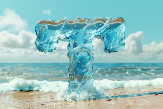 The image is a blue and white letter T with a blue splash of water on it