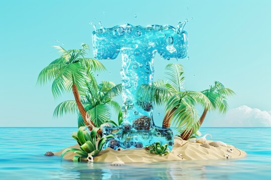 The image is a blue and white letter T with a blue splash of water on it