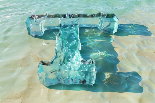 The image is a blue and white letter T with a blue splash of water on it