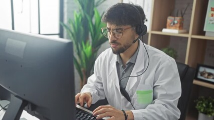 Poster - A young bearded man in a white lab coat experiences neck pain while working with a headset in a modern office