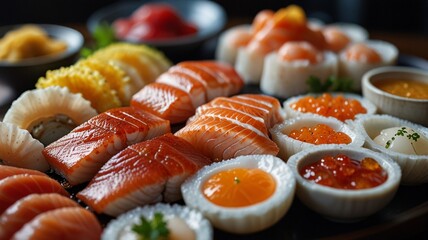 Wall Mural - a variety of sushi is displayed on a table.