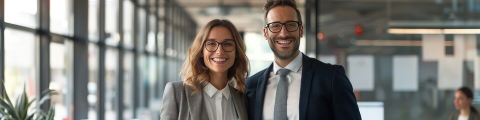 Happy business duo in modern office, professional setting, standing side by side.