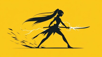 A fierce female superhero harnesses lightning as she charges forward, sword in hand, ready to conquer any foe in her path.