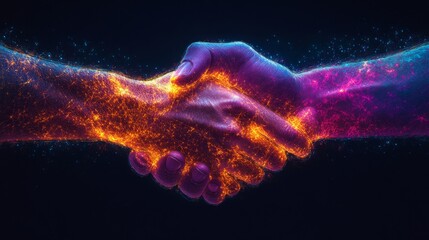 Poster - Two hands are shaking, radiating vibrant energy, representing collaboration and unity in a dark atmosphere.