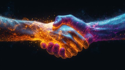 Poster - Two hands reach out and shake, illuminated with vibrant colors representing connection and partnership.