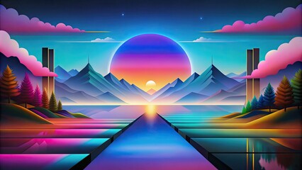 Poster - Futuristic landscape with a vibrant sunset and mountains