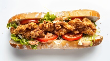 Wall Mural - A sandwich with fried chicken, lettuce, tomato, and mayonnaise