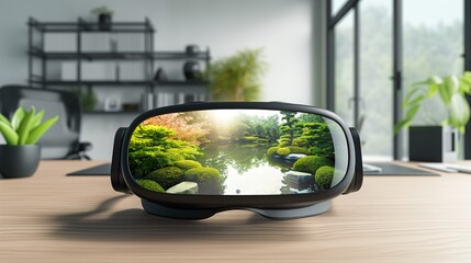 A VR headset in a home office, showing a tranquil meditation space with a virtual Zen garden visible through the lenses for relaxation.