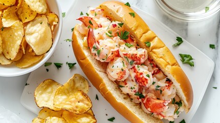 Wall Mural - A lobster sandwich is served on a white plate with a side of chips and parsley