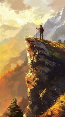 Canvas Print - A man is standing on a mountain top with a backpack