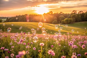 Serene summer landscape of a clear sage green meadow blanketed with pink flowers, illuminated by an indigo sunset, with shimmering soap bubbles floating in air.