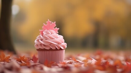 Autumn themed cupcake on wooden table with blurred fall foliage background, seasonal dessert